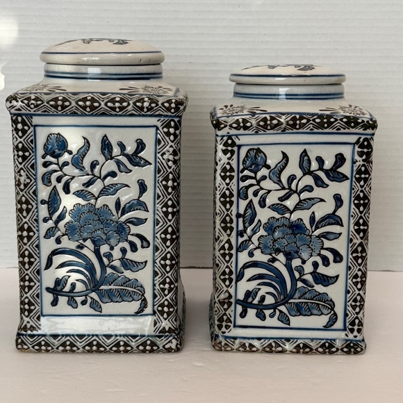 Unbranded Other - Set -2 Floral Ceramic Ginger Jars • Lidded Canister Pair • Chinoiserie Elegance
